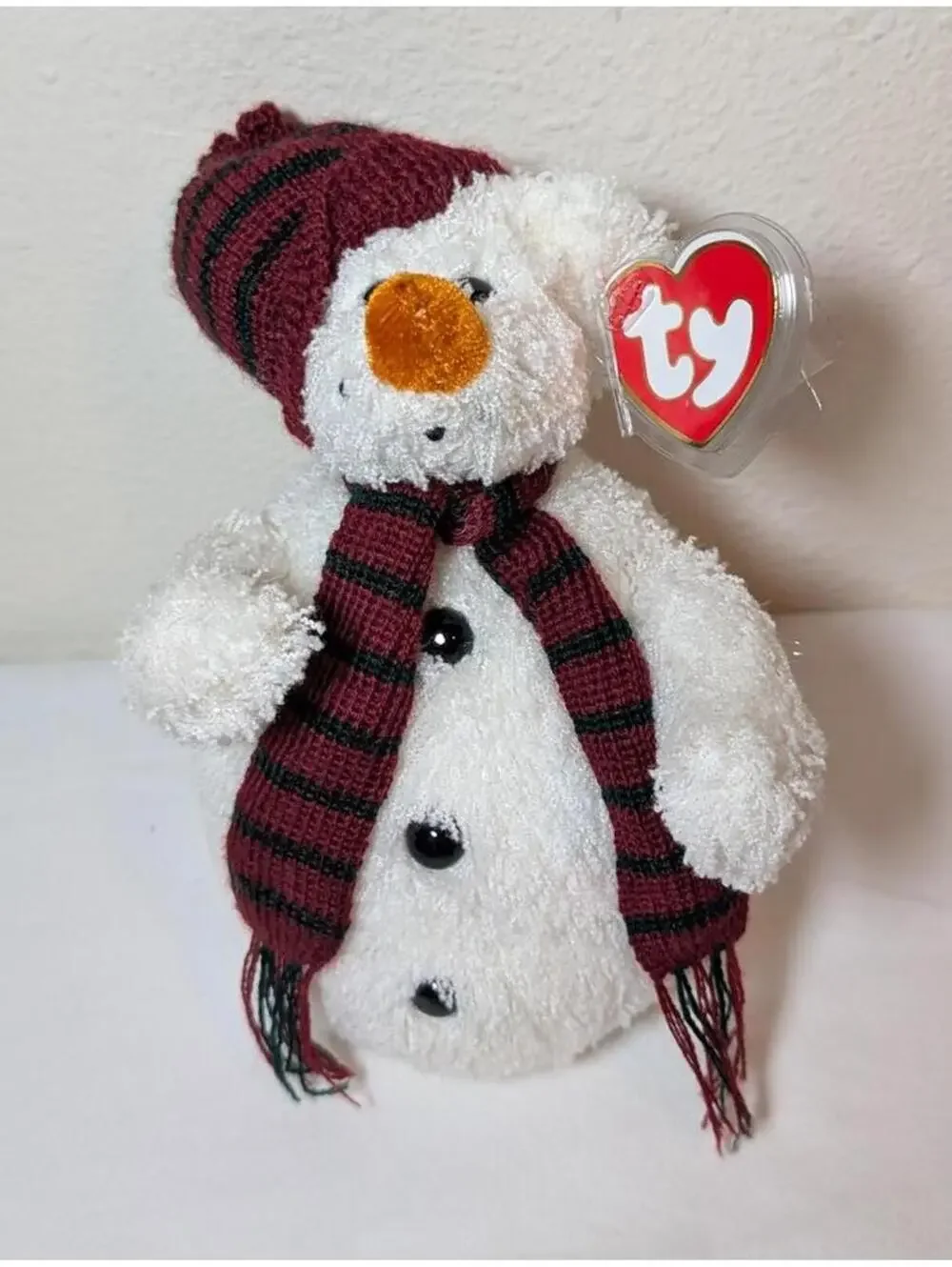 Ty Beanie Baby Snowman Plush Toy with Red and Black Striped Hat and Scarf